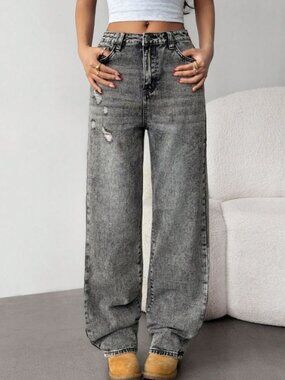 SHEIN Teen Girls 12-13Y Gray Acid Wash Wide Leg Jeans